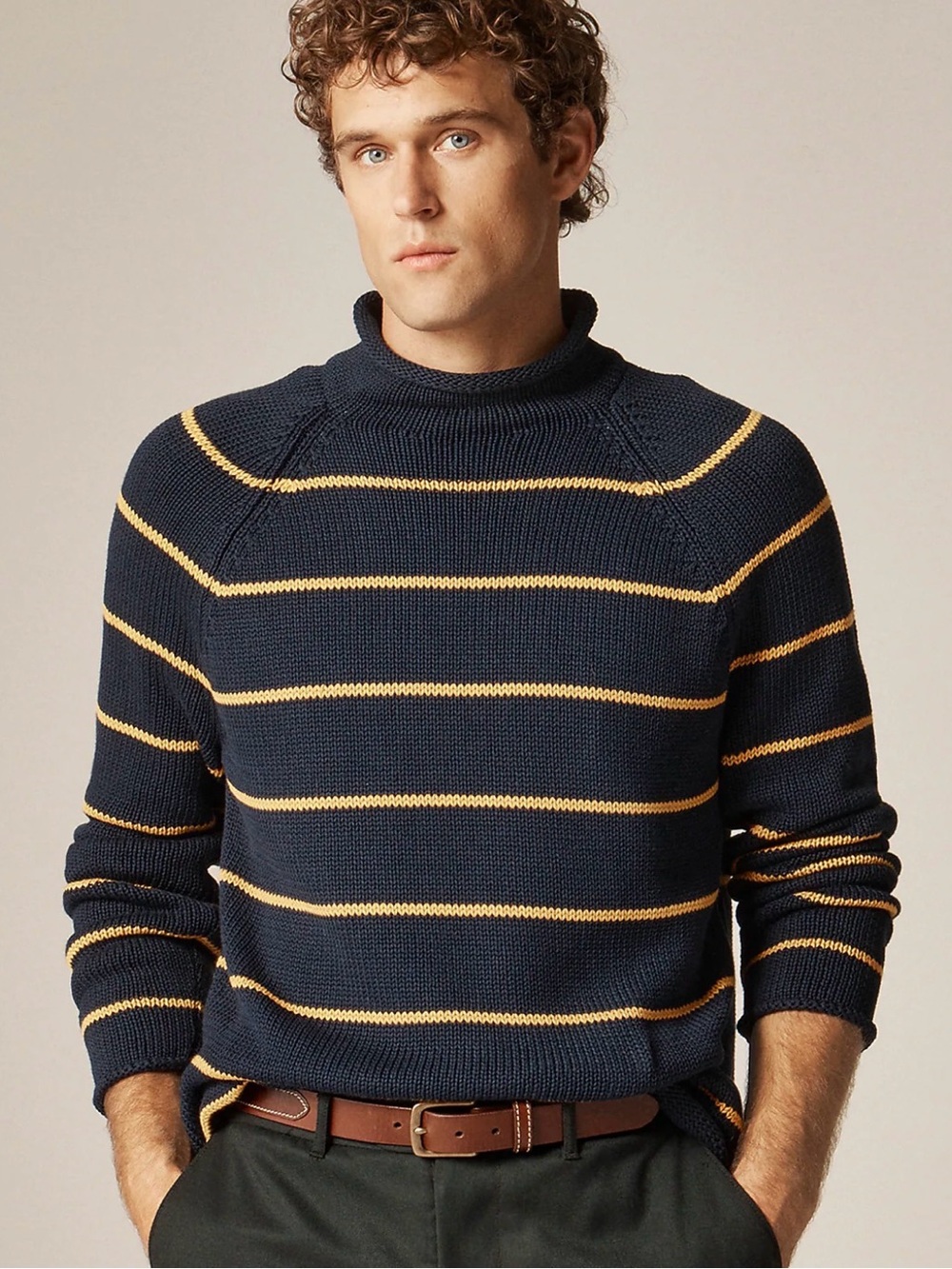 J.CREW 1988 Rollneck Cotton Sweater in Navy Blue & Yellow Stripe Sz. M $118 NEW